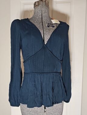 Knox Rose Peasant Long Sleeve Blouse V Neck Blue Siver Flowy Size S New
